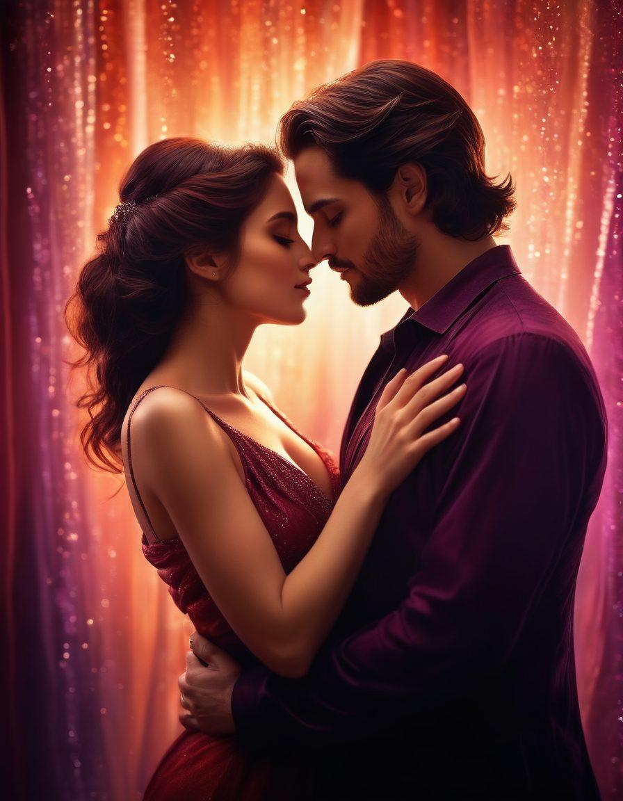 A captivating scene depicting an intimate couple closely exchanging soft, loving gazes, surrounded by ethereal sparkles that symbolize deep connection. The background features an abstract blend of warm tones like reds and purples, representing passion and romance. Subtle elements of erotic artistry, like flowing drapes and silhouettes, add a hint of sensuality without being explicit. The overall mood is warm, inviting, and dreamy. super-realistic. vibrant colors. soft focus.