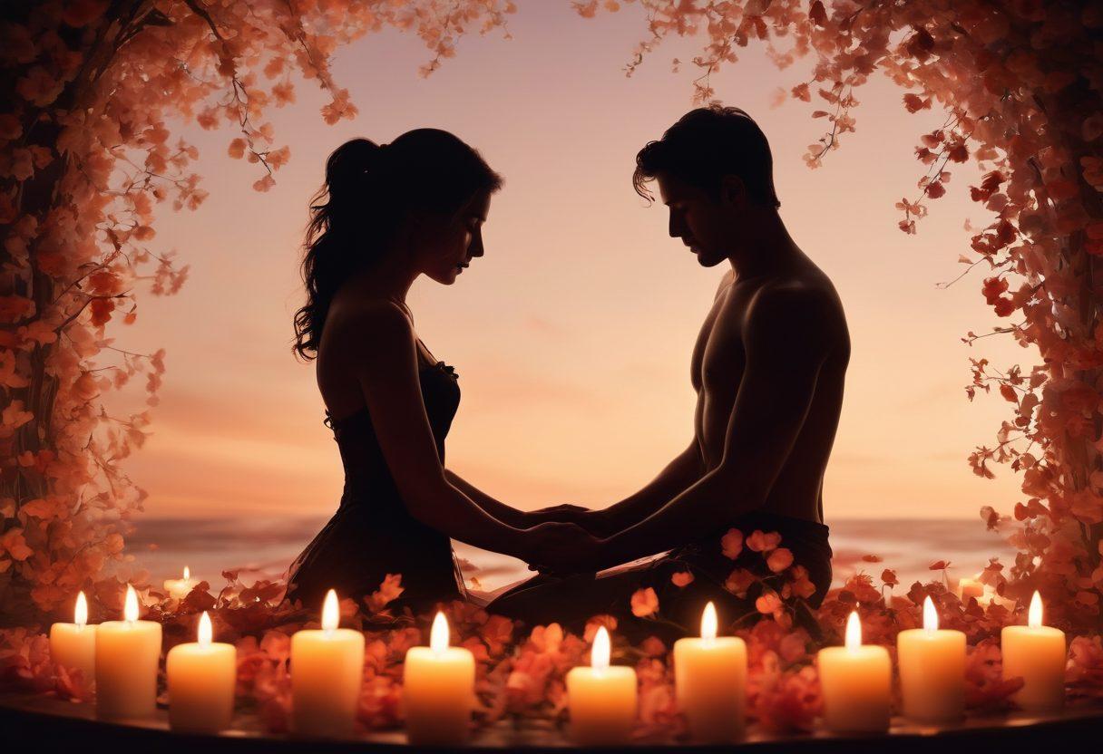 A romantic scene depicting two silhouettes intertwined under a soft, warm light, surrounded by delicate petals and candles, symbolizing intimacy and connection. The background features gentle waves or a soft gradient representing passion and harmony. Add subtle textures to enhance the sensual atmosphere. impressionistic style. warm tones. ethereal ambiance.